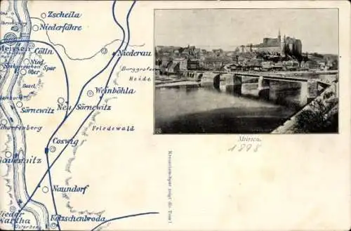 Ak Meißen in Sachsen, Flusspartie mit Blick auf die Stadt, Landkarte