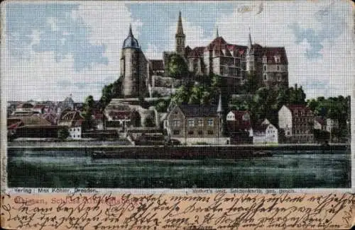 Seiden Ak Meißen in Sachsen, Blick zum Schloss Albrechtsburg, Seidenimitat