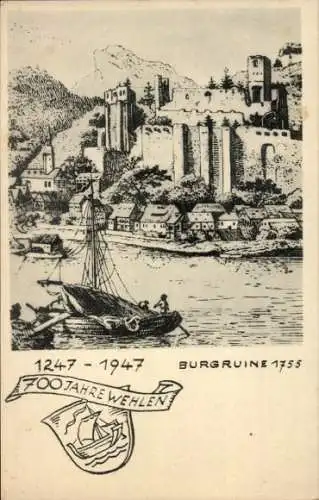 Künstler Ak Stadt Wehlen an der Elbe Sachsen, 700 Jahrfeier 1947, Burgruine 1755