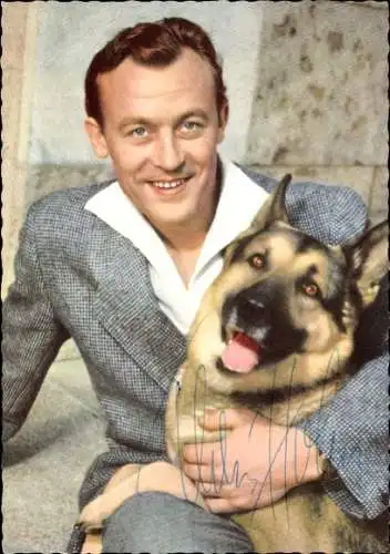 Ak Schauspieler Claus Holm, Schäferhund, Portrait, Autogramm