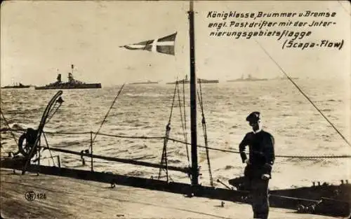 Foto Ak Deutsche Kriegsschiffe, Königklasse, Bummer und Bremse, engl. Postdrifter Scapa Flow