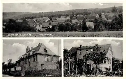 Ak Bermbach Weilburg im Lahntal, Gesamtansicht, Schule, Geschäftshaus