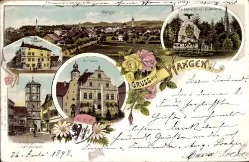 Litho Wangen im Allgäu, Kaiserdenkmal, Rathaus, Ravensburger Tor, Kriegerdenkmal