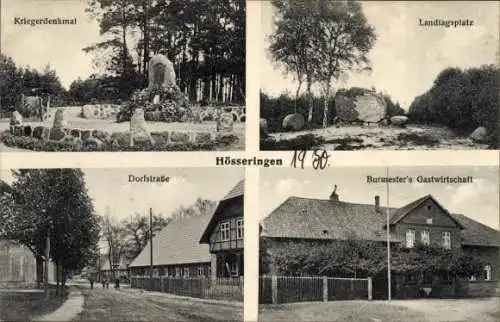 Ak Hösseringen Suderburg Niedersachsen, Kriegerdenkmal, Landtagsplatz, Dorfstraße, Gastwirtschaft