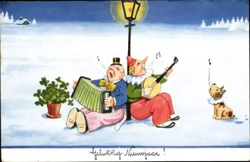 Künstler Ak Wills, John, Fröhliches Neujahr, verkleidete Männer singen unter einer Laterne, Hund