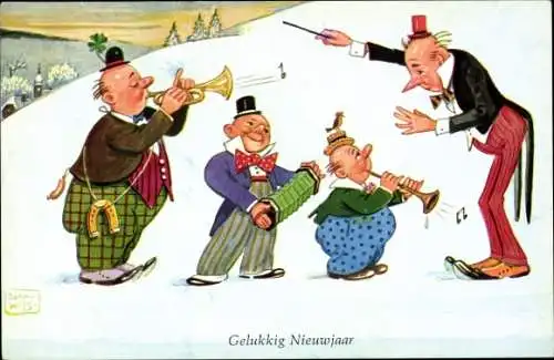 Künstler Ak Wills, John, Fröhliches Neujahr, Musikanten, Kleeblätter, Hufeisen