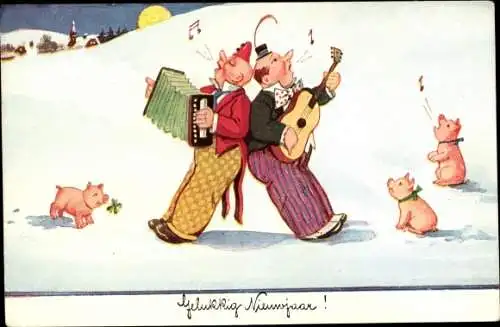 Künstler Ak Wills, John, Fröhliches Neujahr, verkleidete Männer singen, Musikinstrumente, Schweine