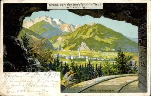 Litho Mayrhofen im Zillertal Tirol, Blick auf den Ort, Gebirge