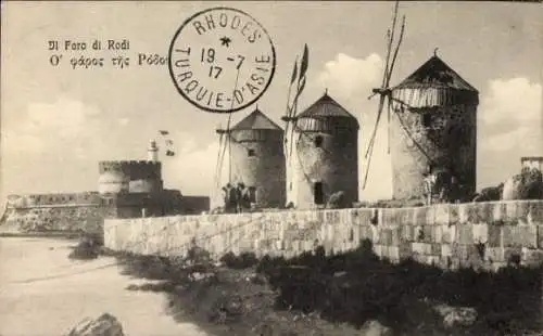 Ak Insel Rhodos Griechenland, Leuchtturm, Windmühlen