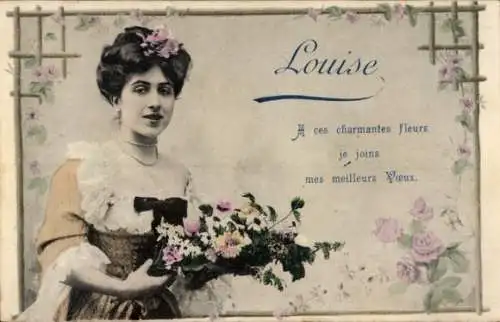 Ak Louise, Portrait einer Frau mit Blumenstrauß, Rosen