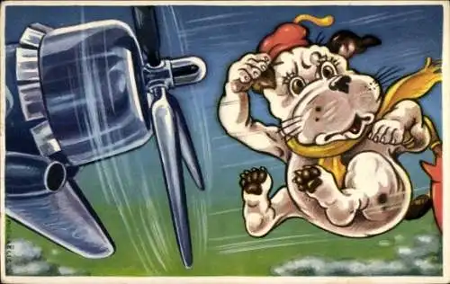 Künstler Ak Michaelis, Hund mit Regenschirm, Propeller, Flugzeug