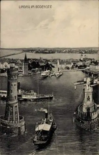 Ak Lindau am Bodensee Schwaben, Hafeneinfahrt, Leuchtturm, Dampfer, Löwenstatue, Alter Leuchtturm