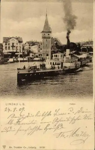 Ak Lindau am Bodensee Schwaben, Hafen, Alter Leuchtturm, Dampfschiff