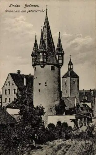 Ak Lindau am Bodensee Schwaben, Diebsturm, Peterskirche