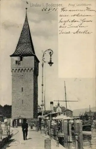 Ak Lindau am Bodensee Schwaben, Alter Leuchtturm, Dampfschiff