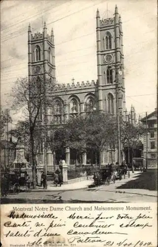 Ak Montreal Québec Kanada, Notre-Dame-Kirche und Maisonneuve-Denkmal