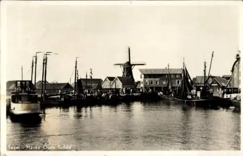 Ak Oude Schild Oudeschild Texel Nordholland Niederlande, Hafen, Fischerboote, Windmühle