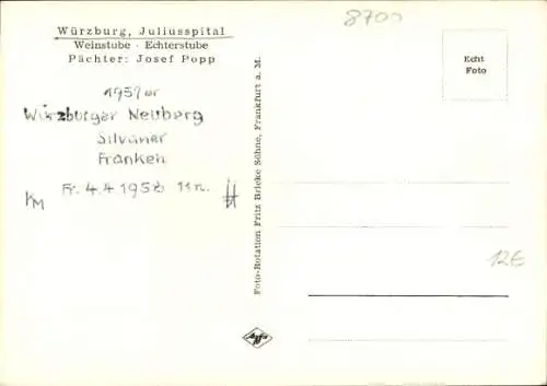 Ak Würzburg am Main Unterfranken, Juliusspital, Weinstube, Echterstube