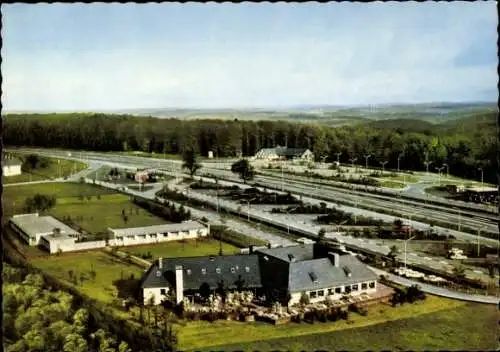 Ak Rohrbrunn Weibersbrunn Aschaffenburg, Autobahnrasthaus am Spessart, Fliegeraufnahme