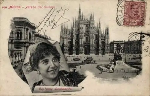 Ak Milano Mailand Lombardia, Piazza del Duomo, Costume Lombardo