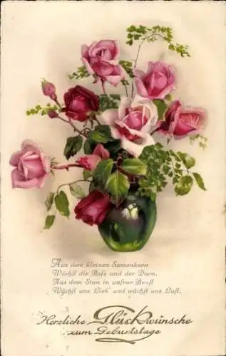Ak Glückwunsch Geburtstag, Rosen in der Blumenvase