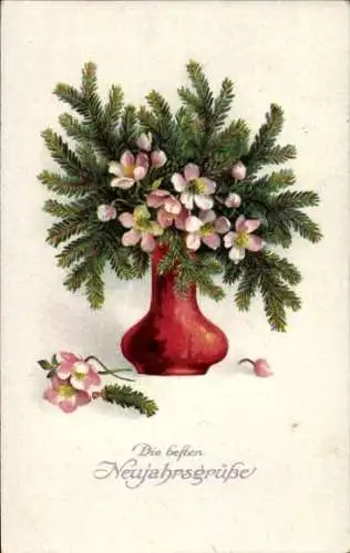 Ak Glückwunsch Neujahr, Nadelzweige in einer Blumenvase