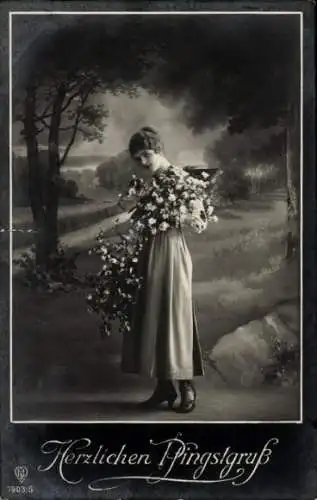 Ak Glückwunsch Pfingsten, Frau mit Blütenzweigen