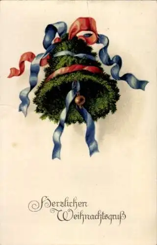 Ak Glückwunsch Weihnachten, Glocke aus Tannengrün