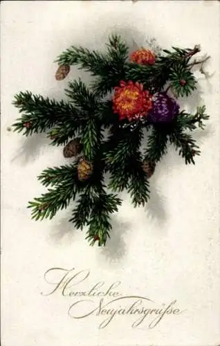 Ak Glückwunsch Neujahr, Tannenzweige, Strohblumen