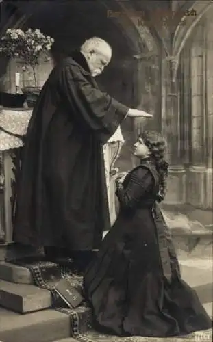 Ak Glückwunsch Konfirmation, Mädchen vor dem Priester