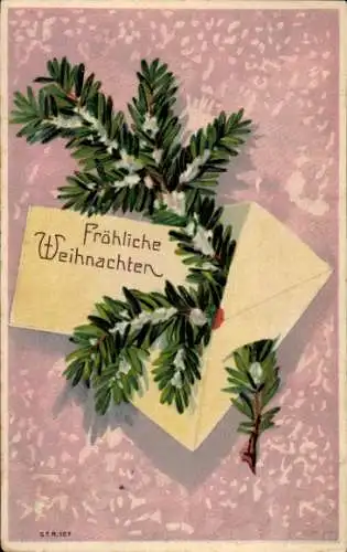Präge Litho Glückwunsch Weihnachten, Tannenzweige, Briefumschlag