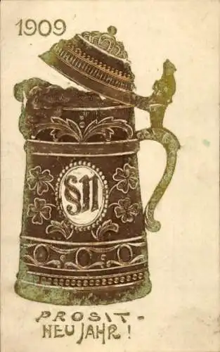 Präge Litho Glückwunsch Neujahr, Jahreszahl 1909, Bierkrug