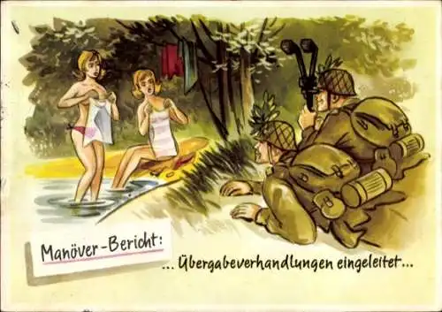 Künstler Ak Deutsche Bundeswehr, Manöverbericht, Soldaten beobachten Frauen beim Baden