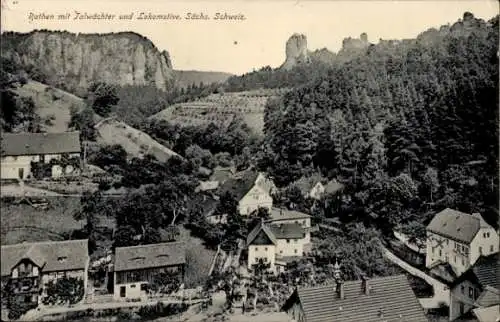 Ak Rathen an der Elbe Sächsische Schweiz, Talwächter, Lokomotive