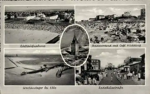 Ak Nordseebad Wangerooge in Ostfriesland, Luftaufnahme, Westanleger, Ebbe, Badestrand, Zedeliusstr.