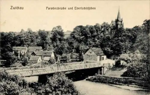 Ak Zwickau in Sachsen, Paradiesbrücke, Ebertschlösschen