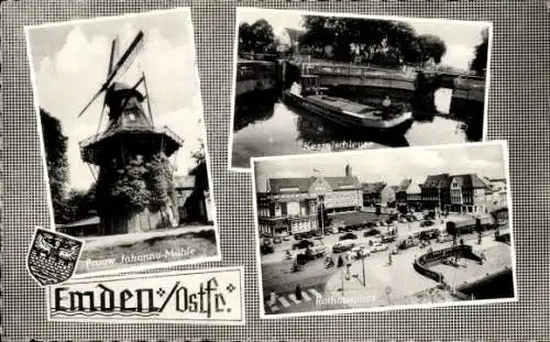 Ak Emden in Ostfriesland, Johanna-Mühle, Kesselschleuse, Rathausplatz, Wappen