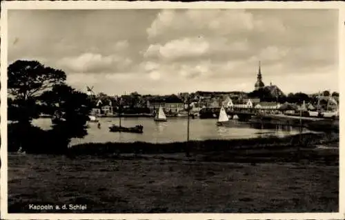 Ak Kappeln an der Schlei, Blick auf die Stadt, Boote auf dem Wasser