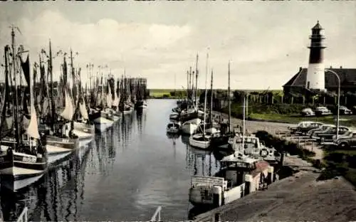 Ak Nordseebad Büsum, Leuchtturm, Alter Hafen, Segelboote