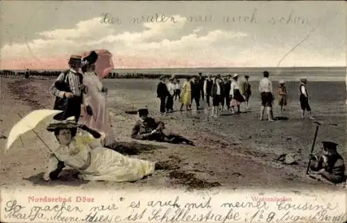 Ak Nordseebad Döse Cuxhaven, Wattenlaufen, Strand, Damen mit Schirm