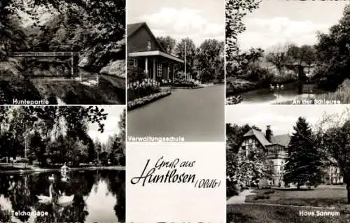 Ak Huntlosen Großenkneten in Oldenburg, Teichanlage, Verwaltungssschule, Haus Sannum, Schleuse