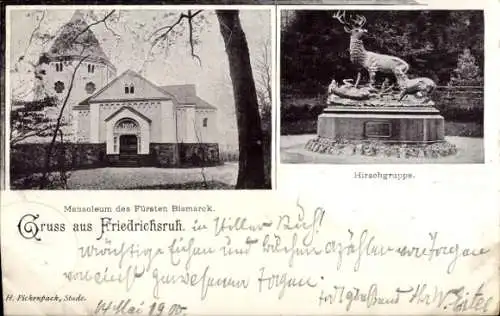 Ak Friedrichsruh Aumühle im Herzogtum Lauenburg, Bismarck-Mausoleum, Skulptur Hirschgruppe