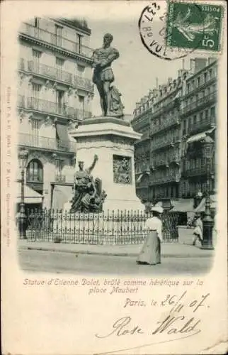 Ak Paris V, Place Maubert, Statue von Étienne Dolet