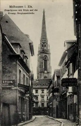 Ak Mülhausen Bas Rhin Elsaß Lothringen, Ziegelgasse, Blick an der Stephanskirche