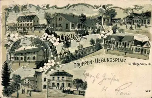 Litho Haguenau Hagenau im Elsass Bas Rhin, Truppen-Übungsplatz, Hauptwache, Bahnhof, Wirtschaften
