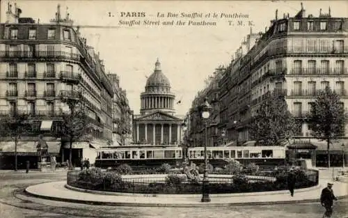 Ak Paris V Panthéon, La Rue Soufflot, Pantheon, Straßenbahn