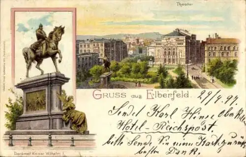 Litho Elberfeld Wuppertal, Denkmal Kaiser Wilhelm I, Theater