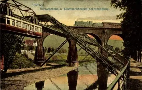 Ak Elberfeld Wuppertal, Schwebebahn, Eisenbahnbrücke, Sonnborn, Dampflok