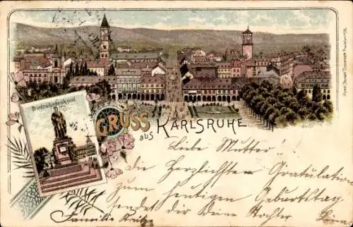 Litho Karlsruhe in Baden, Friedrichsdenkmal, Panorama