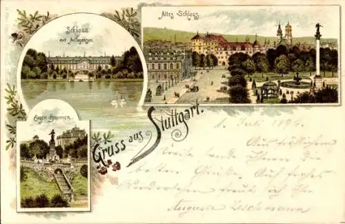 Litho Stuttgart in Württemberg, Eugen Brunnen, Altes Schloss, Schloss mit Anlagensee